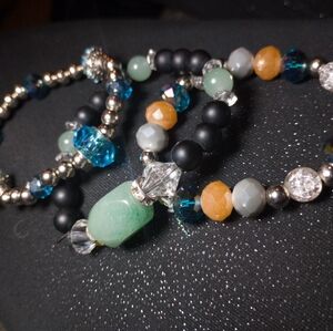 Elegant Beaded Bracelet Set - Green, Blue, Silver